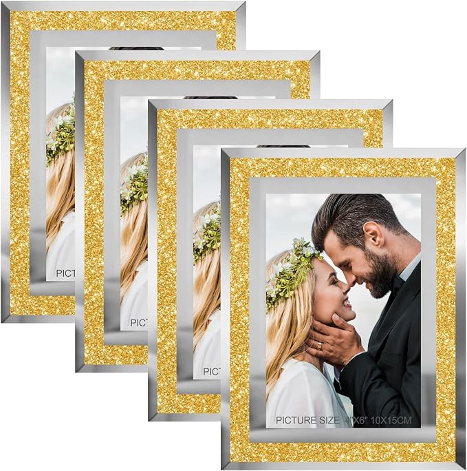 HIKWADERY 4x6 Picture Frames Gold - Set of 4, Sparkle Real Glass 4 by 6 Photo Frame with Silver Mirrored Edge, for Tabletop Display, Wedding Birthday Mothers Day Gifts (4 x 6, Glitter Gold)