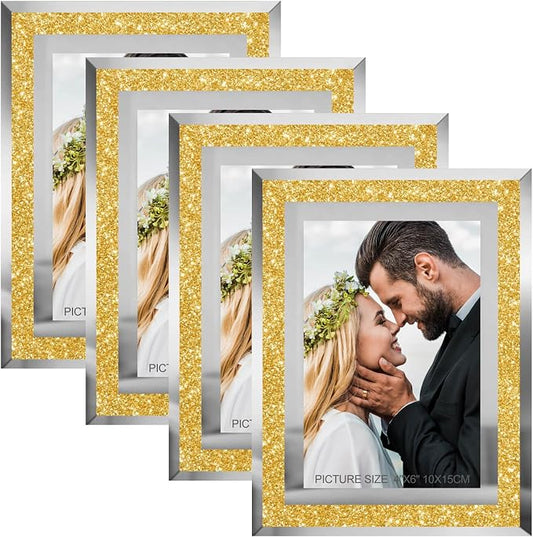 HIKWADERY 4x6 Picture Frames Gold - Set of 4, Sparkle Real Glass 4 by 6 Photo Frame with Silver Mirrored Edge, for Tabletop Display, Wedding Birthday Mothers Day Gifts (4 x 6, Glitter Gold)