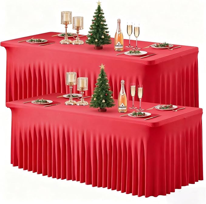 Wish Care 2 Pack Red Spandex Table Clothes for 6 Foot Rectangle Tables, 6FT Wrinkle Free Fitted Tablecloths Ruffles Design Table Cover for Party, Banquet, Wedding and Events