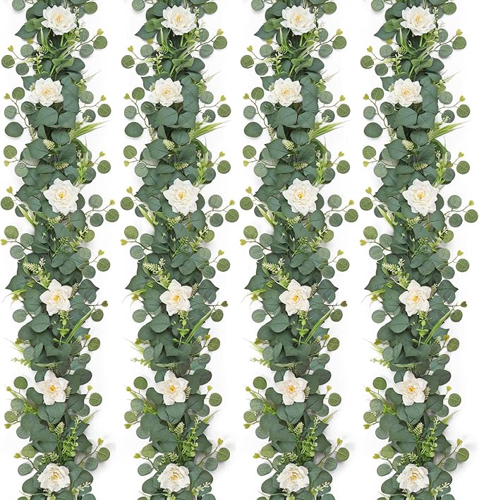 4PCS Flower Garland 6.2FT Artificial Rose Flowers Garland Wall Vines Greenery White Roses Eucalyptus Garlands for Wedding Table Runner Arches Backdrop Party Centerpiece Decor (White Rose, 4PCS)