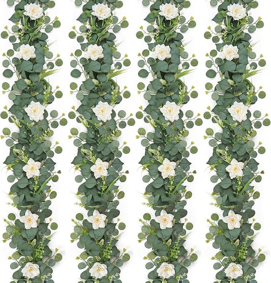 4PCS Flower Garland 6.2FT Artificial Rose Flowers Garland Wall Vines Greenery White Roses Eucalyptus Garlands for Wedding Table Runner Arches Backdrop Party Centerpiece Decor (White Rose, 4PCS)