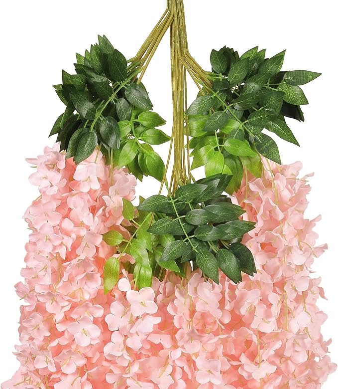 Pauwer Wisteria Hanging Flowers 24 Pack Fake Flower Garland Artificial Wisteria Vines Rattan Silk Flower String Wedding Party Wall Decorations,Blush Pink