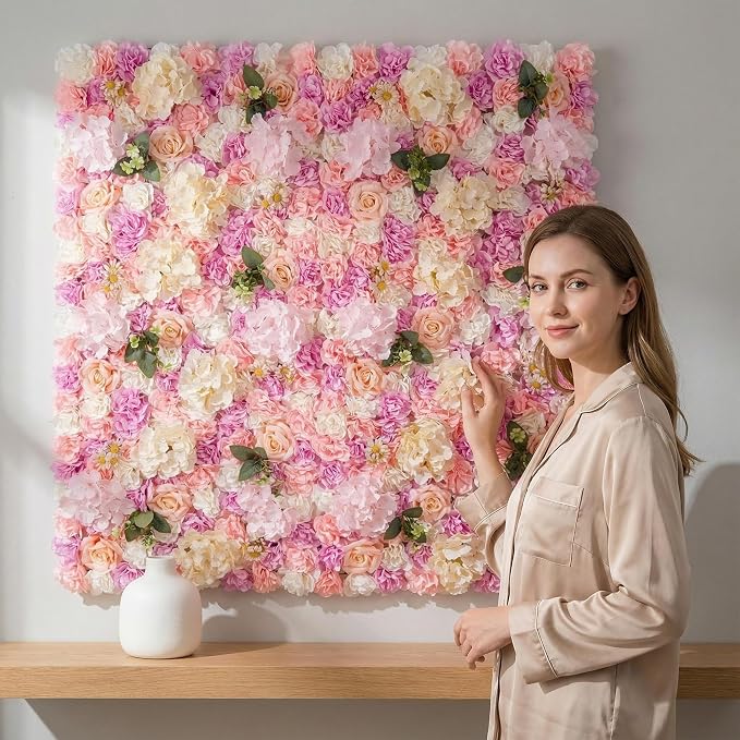 3D Flower Wall Backdrop 6 Pack, 24x16 Inch Pink & Purple Artificial Rose Panels for Wedding, Party, Photo Studio, Home & Fence Decor