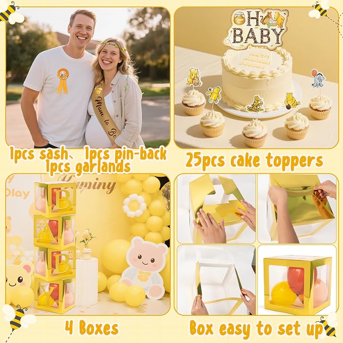 Winnie Baby Shower Decorations for Baby - Vintage Winnie Party Supplies Decorations Kit Includes Bear Backdrop Cake Topper Bear Tablecloth Balloon Arch Box Decoration for Girls Boys Baby Shower
