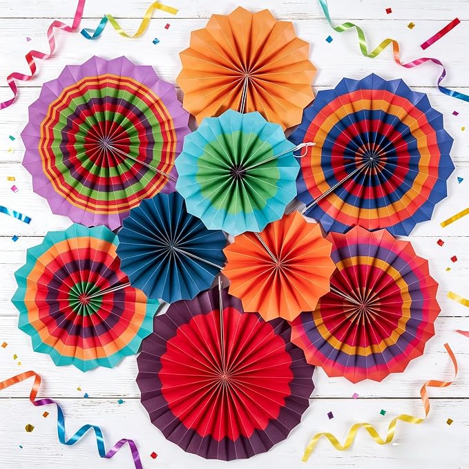 SUNBEAUTY 9 Pcs Colorful Mexican Fiesta Hanging Paper Fans Decorations Paper Fans for Cinco de Mayo Decorations Flower Hanging Mexican Theme Party Decor for Taco Nights Fiesta Party Carnivals