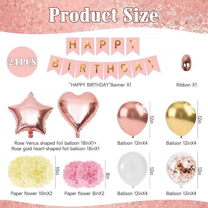 Rose Gold Happy Birthday Party Decorations, Happy Birthday Banner, Rose Gold Heart Star Foil Confetti Balloons and Pink Balloons Party Decorations Kit for Girls Women Princess