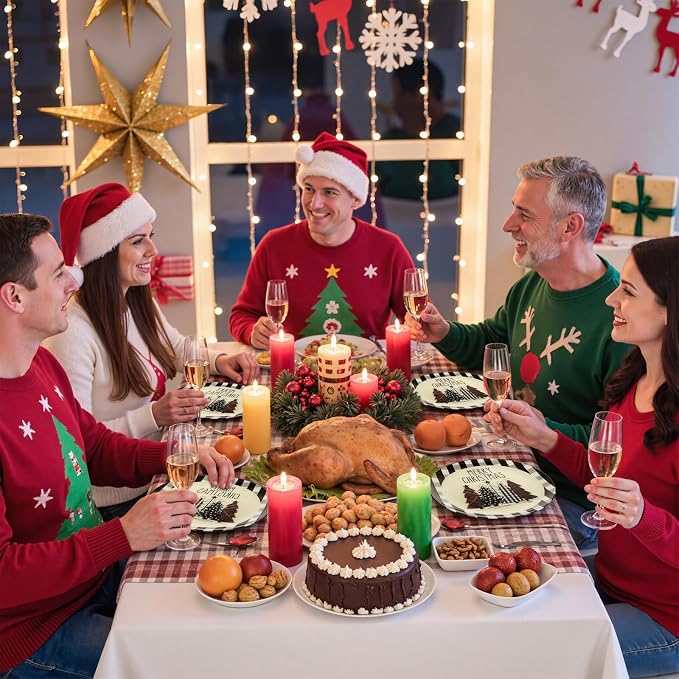 WDF 24Pack Christmas Plastic Plates - Heavy Duty Christmas Tree Plates - Disposable Checkered Plate Ideal for Party