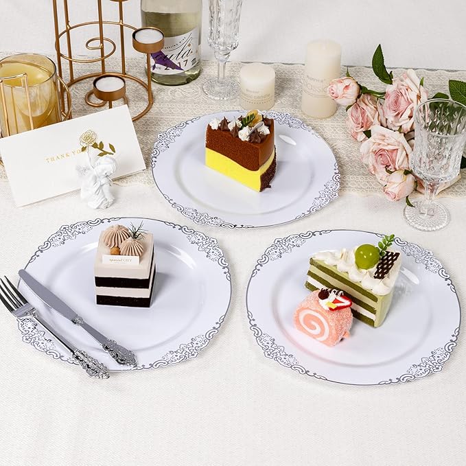 Goodluck 100PCS White and Silver Plastic Plates – 10.25” Heavy Duty Disposable Dinner Plates & Party Plates for Weddings, Parties, Events – Elegant, Sturdy