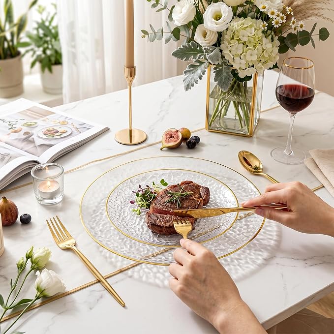 Rubtlamp 60Pcs Clear Plastic Plates,Clear Disposable Plates With Gold Rim,Heavy-duty Gold Plates,Hammered Party Plates Include 30Clear Dessert-Platos,30Dinner-Platos for Wedding, Party