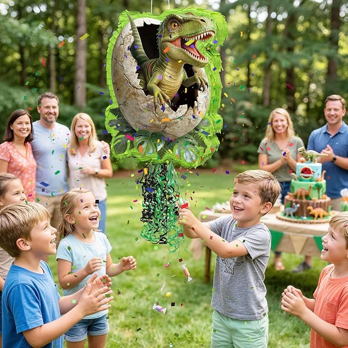WERNNSAI Dinosaur Egg Piñata - Trex Piñata with Blindfold and Bat for Boys Kids Dinosaur Birthday Party Supplies Realistic Green Rex Dino Jungle Party Decoration