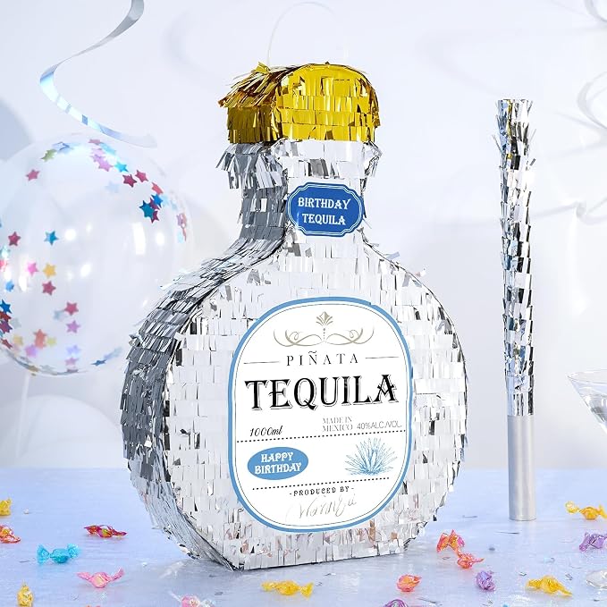 WERNNSAI Tequila Bottle Piñata - Disco Party Decorations for Adults Silver Patron Tequila Piñata with Blindfold for Bachelor Birthday Party Supplies 11.7” x 16.5”