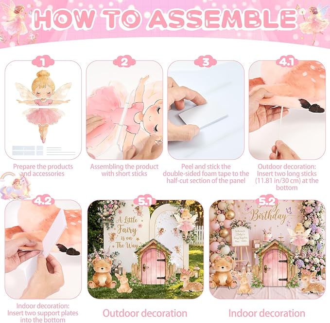 5Pcs Pink Fairy First Birthday Decorations, Large Bunny Bear Deer Fairy House Cardboard Cutout, Woodland Fairy Baby Shower Photo Booth Prop Princess Birthday Party Outdoor Indoor Decor