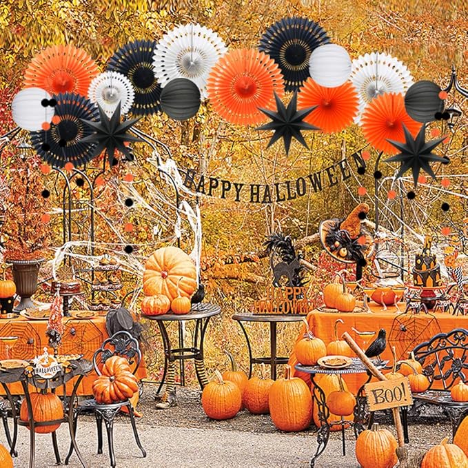 Orange White Black Halloween Decorations, Hanging Tissue Paper Fans Circle Garland Paper Lanterns for Graduation Wedding Anniversary Birthday Backdrop Decor