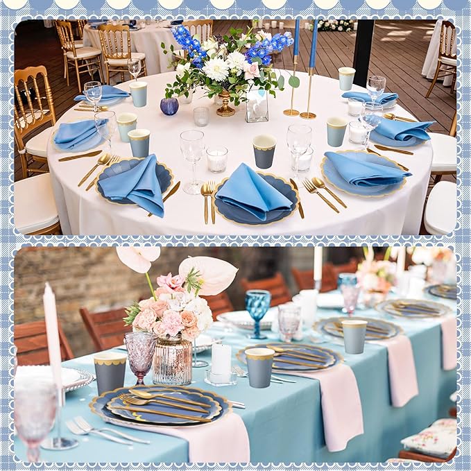 Mimorou 169 Pcs Dusty Blue Plates and Napkins Party Supplies for Guests Blue Tableware Include Scalloped Plates Paper Napkin Cup Spoon Fork Knife for Baby Shower, Wedding, Birthday