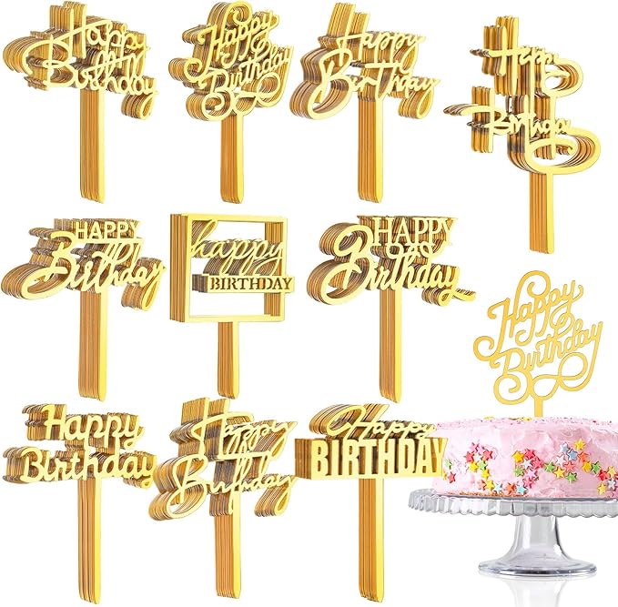 150 Pcs Happy Birthday Cake Toppers Acrylic Cake Topper Glitter Birthday Cake Decorations Double Sided for Adults Various Cake Decoration Party Supplies(Gold,Brief)