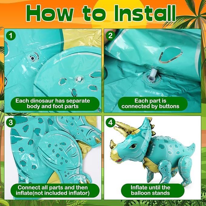Foilswirl 10 Pcs Giant 3D Dinosaur Balloons (20‑35") Dino Aluminum Foil Self Standing Dino Balloons Dinosaur Inflatable Birthday Decorations for Jungle Theme Party(Multicolored)