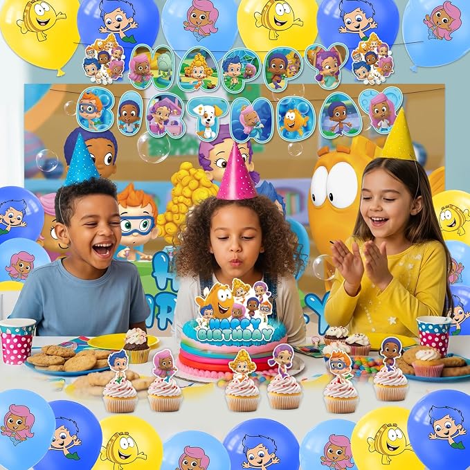 42Pack Guppies Party Supplies Kit Set Include Banner ,Cake Topper ,Backdrop ,Balloons for Guppies Party Decorations