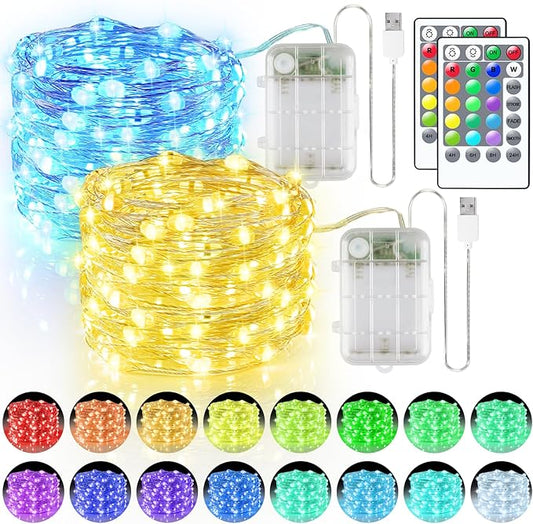 StarryEver 33ft 100LED Fairy Lights Battery Operated, 2 Pack 16.5ft 16 Color Changing String Lights with Remote Timer, RGB Waterproof Twinkle Lights for Indoor Outdoor Room Garden Yard Decor