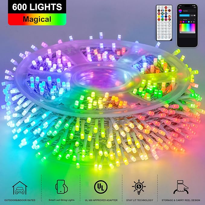 JMEXSUSS 600 LED RGB String Light Outdoor Indoor, Christmas Lights Outdoor Clear Wire Christmas Lights Plug in for Bedroom Tree Room Party Birthday Decorations