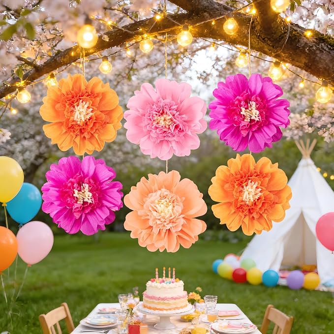 SUNBEAUTY 6PCS Hot Pink and Orange Paper Flowers 12 Inch Large Tissue Paper Flowers Decorations for Wall Giant Crepe Paper Flowers for Girl Women Birthday Office Classroom Bridal Wedding Backdrop