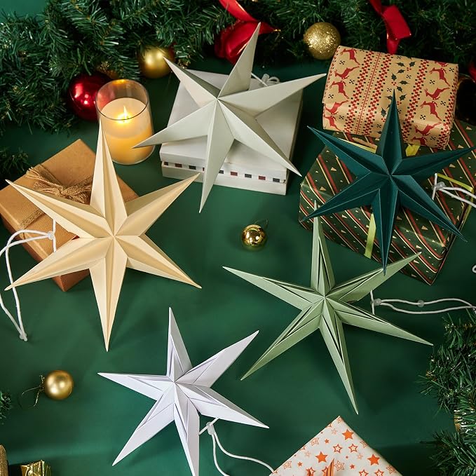 Paper Stars Christmas Party Decorations, 5PCS 6-Pointed Paper Star Hanging Decoration Set Holiday Decor Stars Shape Landerne for Birthday Party Tree Xmas Home Decor