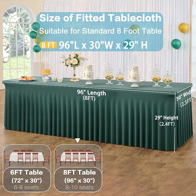 4 Pack Hunter Green Spandex Tablecloths for 8 Foot Rectangle Tables, Wrinkle Free Fitted Tablecover 8ft Stretchy Table Clothes with Skirt for Weddings Birthday Party Banquet Baby Shower