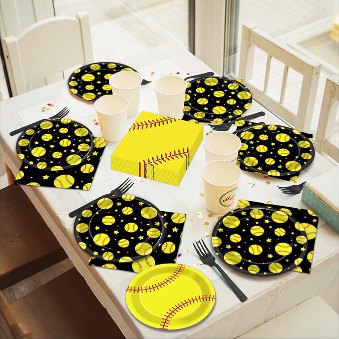 96Pcs Softball Birthday Party Decorations Paper Plates and Napkins Sets Sports Theme Dessert Disposable Tableware Black Yellow Softball Plates Supplies Team Sport Party Gifts Favors for 24 Guests