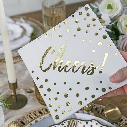 Kate Aspen 72pc Gold Foil Cheers & Dots Tableware Set Party Kit - 24pcs 7 inch & 9 inch Heavy Duty Disposable Party Plates, 24pcs 6.5 inch Durable Paper Napkins
