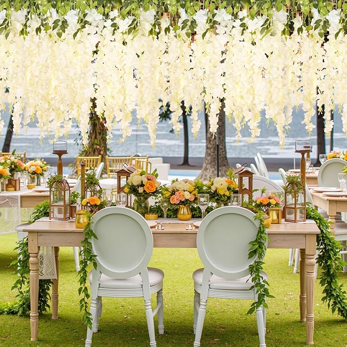 24Pcs Artificial Wisteria Hanging Flowers with Lights, 3.6Ft/Pcs White Fake Wisteria Garland for Wedding Party Home Garden Indoor Outdoor Decoration