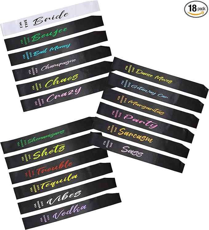 Funky Junque 18 Pack: Bridal Sash Bachelorette Party Bridal Shower Gift Bundle - I'll Bring The (Sass Pack)