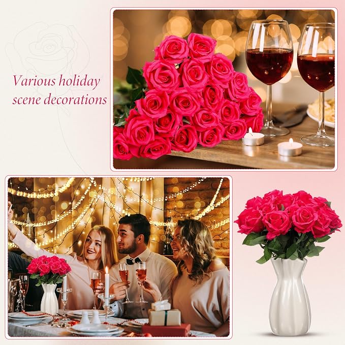 Hotop 20 Pcs Artificial Rose Flowers with Long Stem, Real Lifelike Silk Realistic Plastic Bouquet Roses Bulk for Home Decor Bridal Wedding Party Table Centerpieces Decorations(Hot Pink)