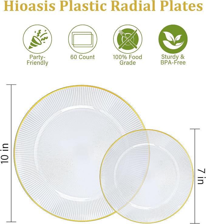 Hioasis 60pcs Clear and Gold Plastic Plates - Clear Disposable Dinnerware Set, 30pcs Dinner 10in & 30pcs Dessert 7in Plates with Striped Designs for Party & Wedding