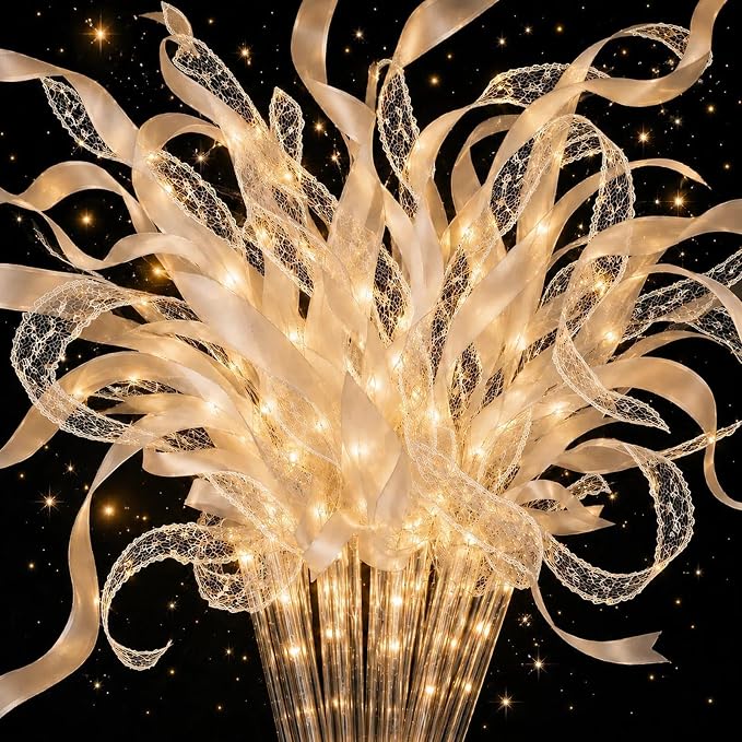 30 PCS Light Up Wedding Wands with Ribbons and Bells, Warm White LED Fairy Wands, 3 Light Modes Ribbon Streamers, Flameless Sparkler Alternative for Wedding, Bridal Shower, Birthday Party Favors