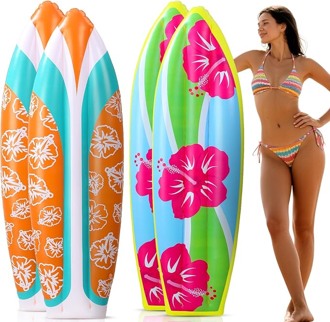 JellyArch 4 Pcs Jumbo Inflatable Surf Board 59 Inch Large Inflatable Pool Floats Luau Hawaiian Party Decorations Tropical Flower Blow up Surfboard for Wall Beach Party Decorations