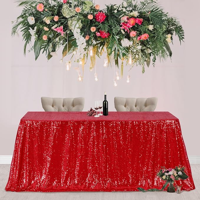 Poise3EHome Red Sequin Tablecloth 60×102 Inch Rectangle Sparkly Fabric Table Cloth for Birthday Wedding Party Holiday Christmas Baby Shower Decoration