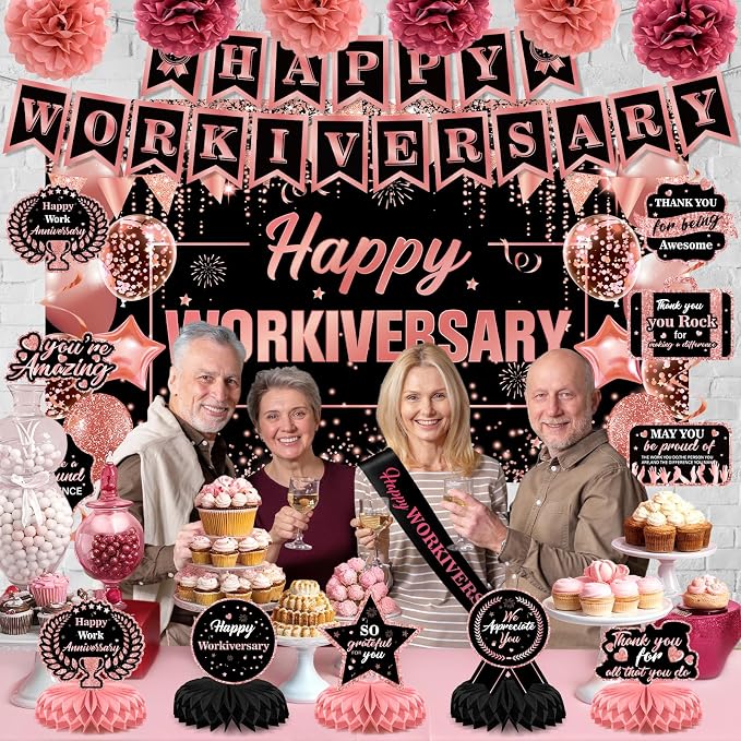Happy Work Anniversary Decorations Rose Gold Happy Workiversary Banner Honeycomb Centerpieces Hanging Swirls Tissue Paper Pompoms Sash Set for Women Office Employee Worker Appreciation Party Supplies