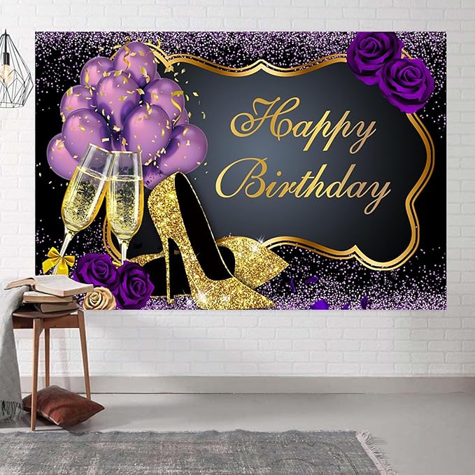 10x6.5ft Purple Gold Happy Birthday Backdrop Black Golden Purple Balloons Glitter Photography Background Girls Women Birthday Party Banner Decorations Supplies Photo Studio Props
