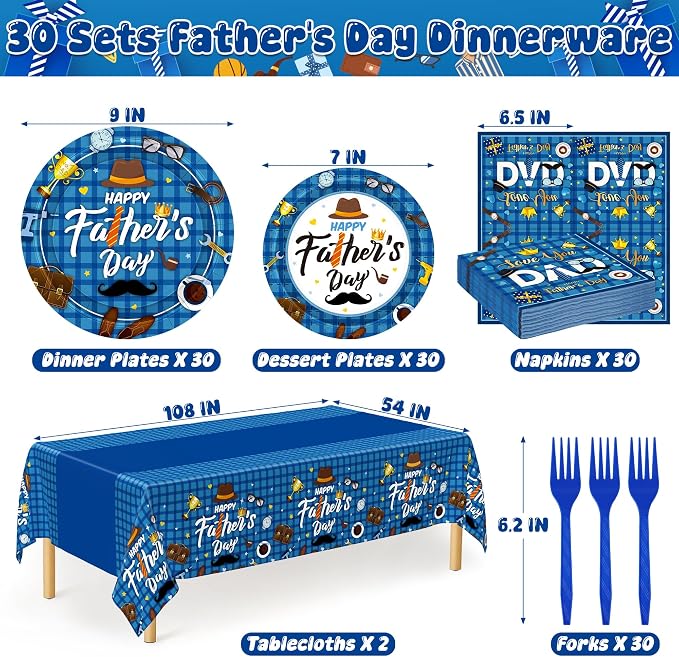 122Pcs Fathers Day Decorations, 30 Sets Paper Father's Day Plates and Napkins, Disposable 9" and 7" Happy Father Party Decorations, Rectangle Love You Dad Dinnerware for Family Dinner Dad Celebrations