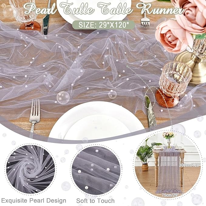 Pearl Gauze Table Runner Tulle Fabric: 10ft Seasonal Dessert Chiffon Pearl Lace Boho Overlay Wedding Veil Outdoor Wedding Aisle Runner Party Decorations Doilies, Gray