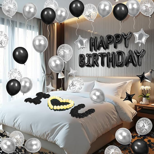 Black Happy Birthday Balloons Decorations Silver and Black Birthday Balloon Letters Banner with 6 Pcs Star Balloons 1000 Artificial Rose Petals 24 Flameless LED Candles for Room Birthday Party Decor