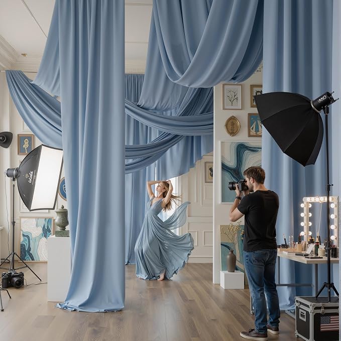 4 Panels 5x20ft Dusty Blue Ceiling Drapes for Wedding Parties, Wrinkle Free Thick Polyester 20ft Extra Long Wedding Draping Ceiling Curtains Arch Drapery for Birthday Party Canopy Tent Decor