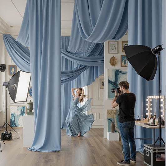 4 Panels 5x40ft Dusty Blue Ceiling Drapes for Wedding Parties, Wrinkle Free Thick Polyester 40ft Extra Long Wedding Draping Ceiling Curtains Arch Drapery for Birthday Party Canopy Tent Decor