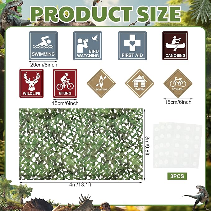 Bucherry Camping Party Backdrop Decoration Set 10 x 13 ft Camo Netting with 9 Camping Sign Cutouts Happy Camper Birthday Party Supplies Outdoor Adventure Photo Booth Wall Decor for Camp Theme Activity