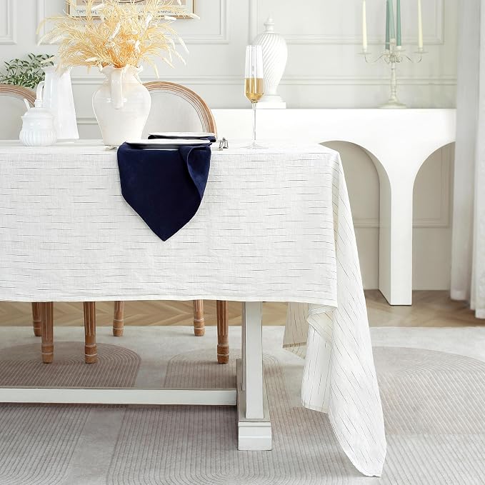 Linen World Stripe Linen Tablecloth,100% French Navy Pinstripe Table Cloth 108" x 60" Inch,Washable Rectangular Tablecloth for Dining,Outdoor,Weddings and Restaurants,Decorative Easter