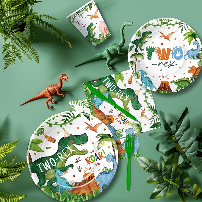 Dinosaur 2nd Birthday Party Supplies For Boy - Dinosaur Theme Dino Two Rex Birthday Decorations Tableware, Disposable Paper Plate, Cup, Napkin, Tablecloth, Cutlery | 24 Guest