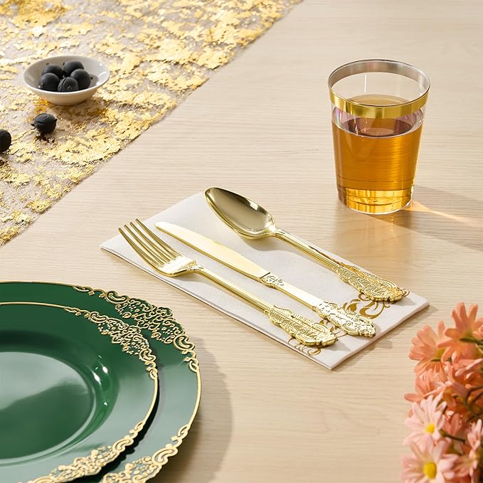 Fijinhom 350pcs Green Plastic Plates, Elegant Disposable Dinnerware Set, 125 Pieces, White and Gold, Plates, Cups, Cutlery and Napkins (Green, 50 Guests)