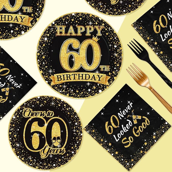 96Pcs 60th Birthday Party Decorations Vintage 1966 Birthday Plates and Napkins Black and Gold Tableware Sets Cheers to 60 Years Decorations for Mens Womens 60 Year Old Party Father's Day Serves 24