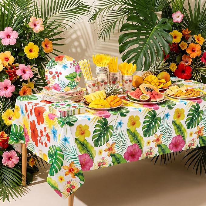 Vesici 452 Pcs Tropical Luau Party Supplies Set for 50 Guests Include 9'' 7'' Paper Plates 9 oz Cups Napkins Tablecloths Forks Spoons Straws for Aloha Hawaiian Hibiscus Flower Birthday Decorations