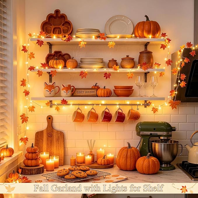 JMEXSUSS 48 LED Maple Leaf Lights, Battery Operated, 15.75 FT, Warm White | Fall Garland with Lights, Fall Lights Indoor, Vine with Fairy Lights, Indoor for Thanksgiving, Room, Autumn, Fall Home Decor