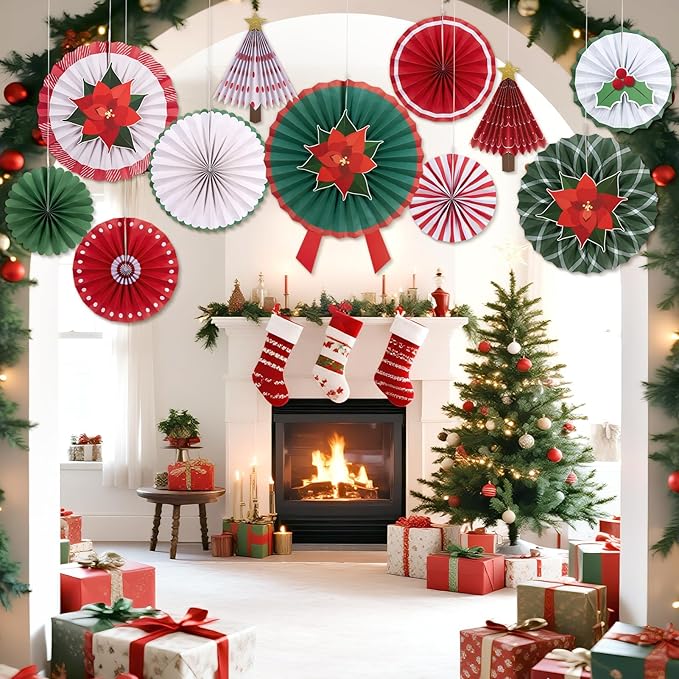 SUNBEAUTY 15PCS Christmas Hanging Paper Fan Decorations with Poinsettia Flowers Christmas Trees with Star Topper Red Green Christmas Wall Decor for Xmas Holiday Party Home Backdrop